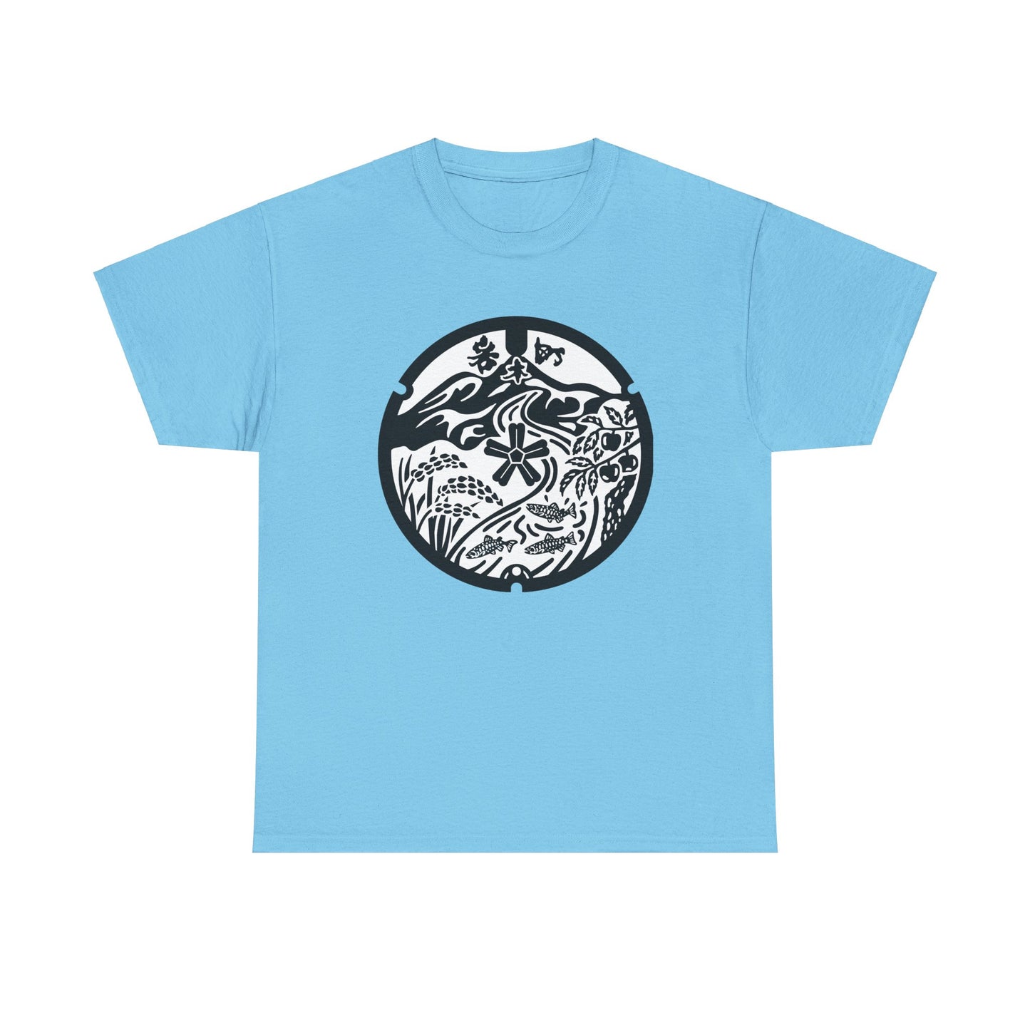 Hirosaki Aomori Japan Manhole - Mt. Iwaki & Local Treasures Monochrome Simplicity Unisex Heavy Cotton Tee