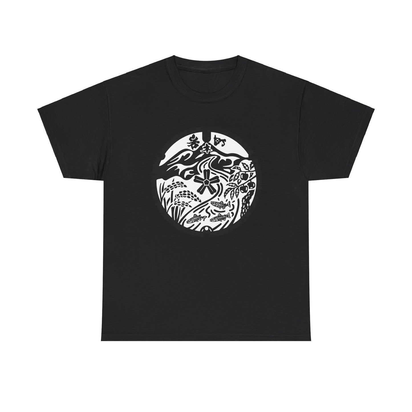 Hirosaki Aomori Japan Manhole - Mt. Iwaki & Local Treasures Monochrome Simplicity Unisex Heavy Cotton Tee