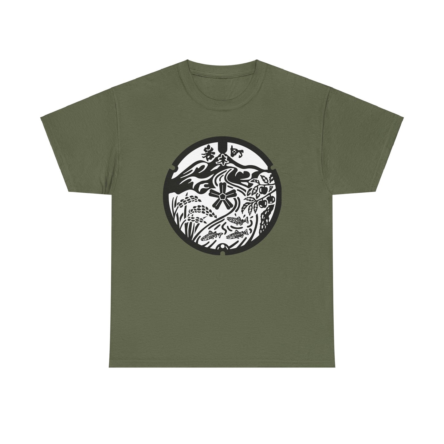 Hirosaki Aomori Japan Manhole - Mt. Iwaki & Local Treasures Monochrome Simplicity Unisex Heavy Cotton Tee