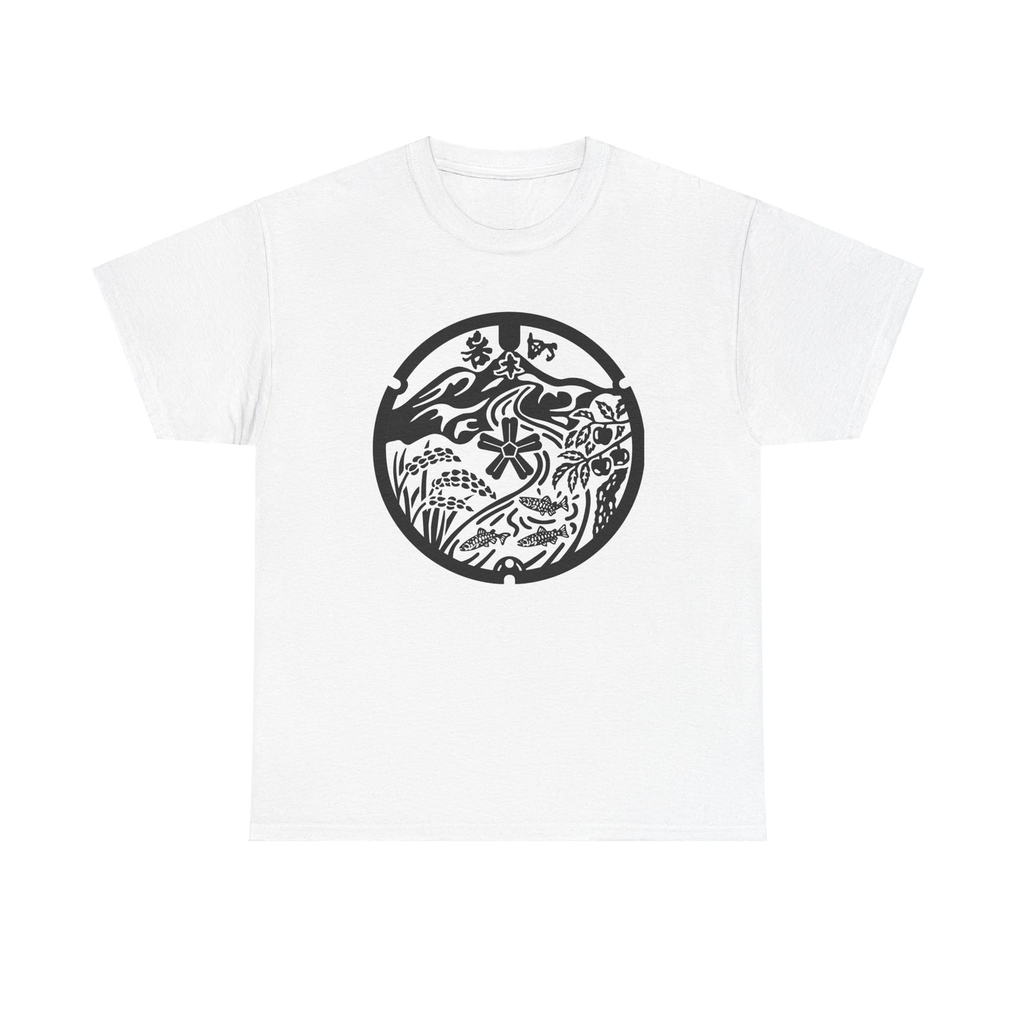 Hirosaki Aomori Japan Manhole - Mt. Iwaki & Local Treasures Monochrome Simplicity Unisex Heavy Cotton Tee