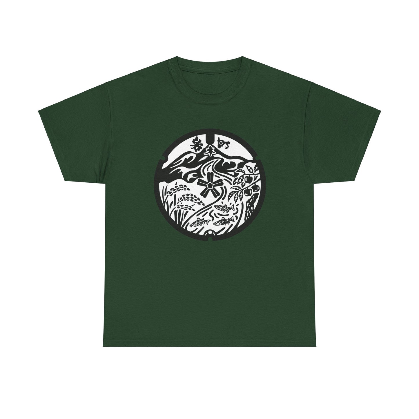 Hirosaki Aomori Japan Manhole - Mt. Iwaki & Local Treasures Monochrome Simplicity Unisex Heavy Cotton Tee