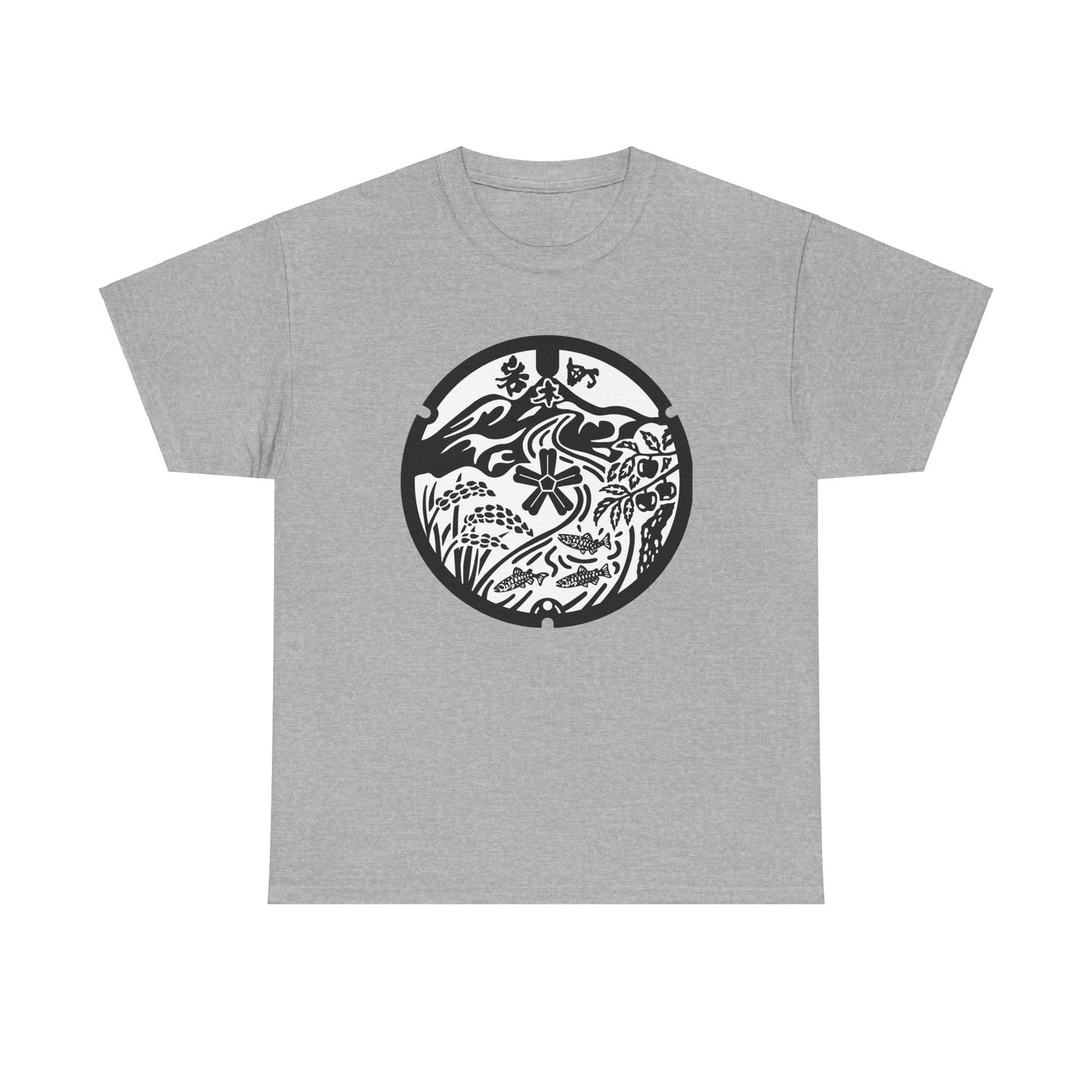 Hirosaki Aomori Japan Manhole - Mt. Iwaki & Local Treasures Monochrome Simplicity  Unisex Heavy Cotton Tee